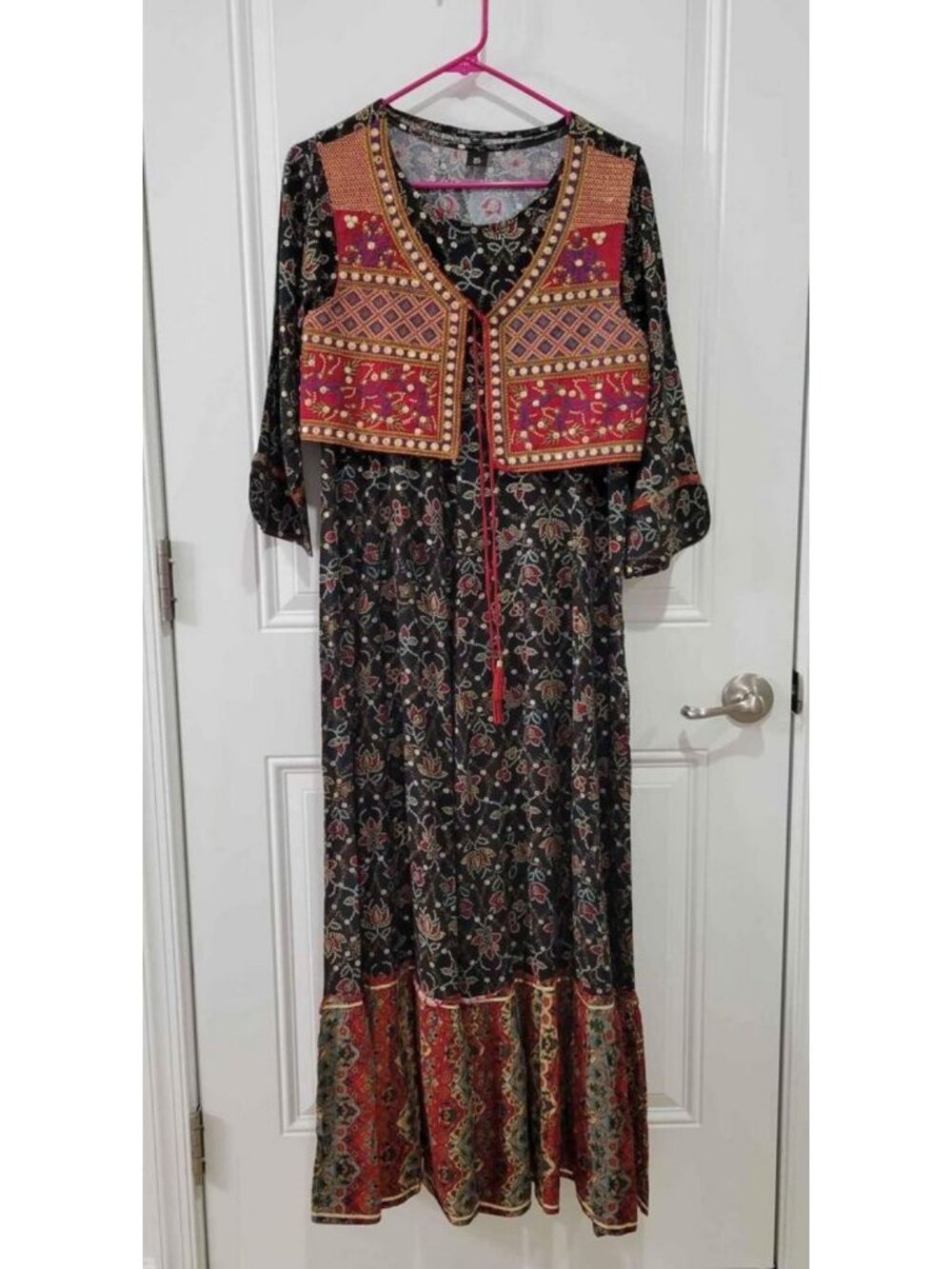 New Indian Ethnic Boho Floral Printed Maxi Dress with Embroidered Jacket XL